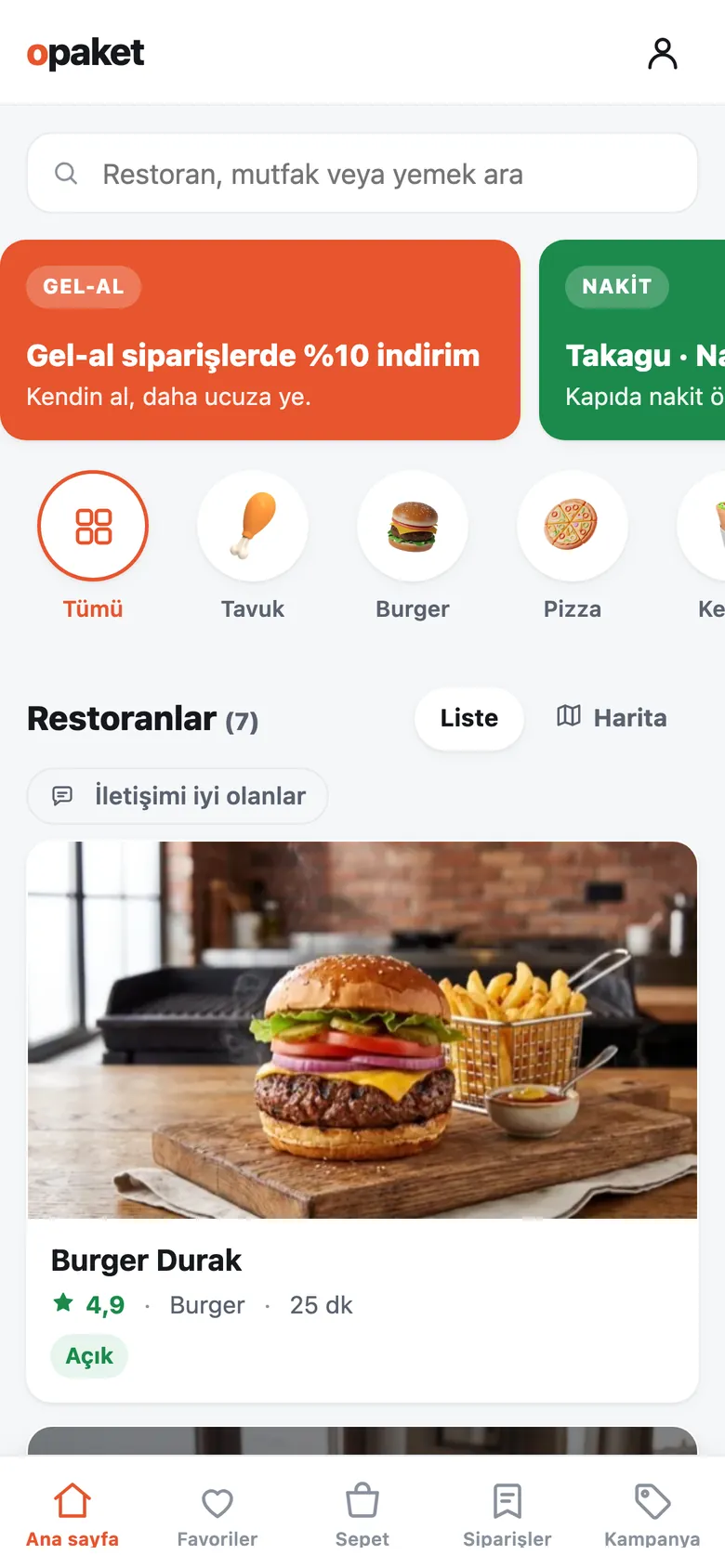 opaket ana sayfası: arama, kampanya kartları, mutfak türleri ve restoran listesi