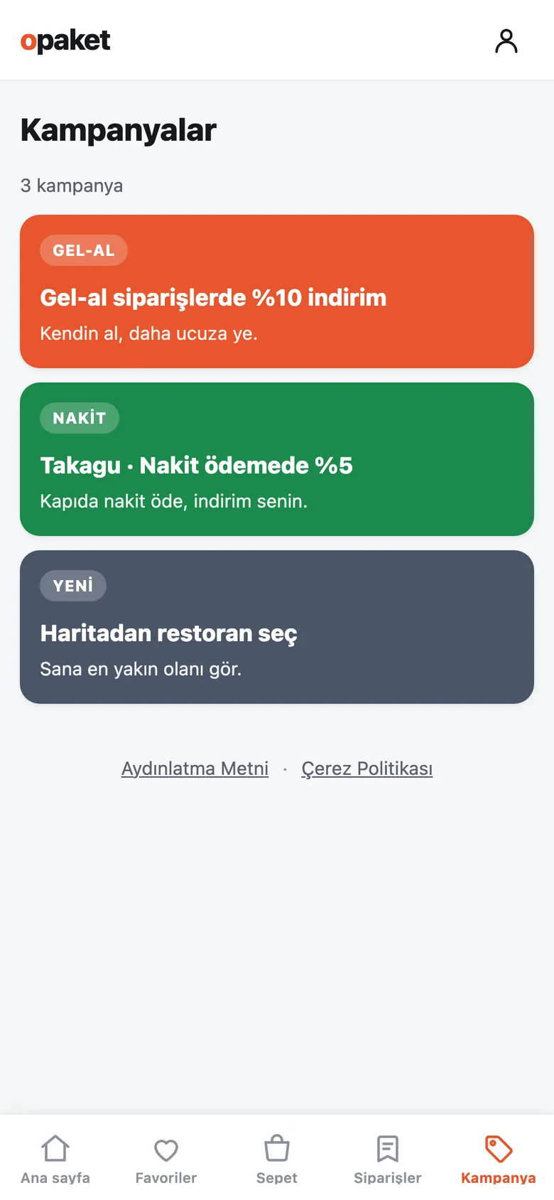 Kampanyalar sayfası: gel-al siparişlerde yüzde 10 indirim, nakit ödemede yüzde 5, haritadan restoran seç