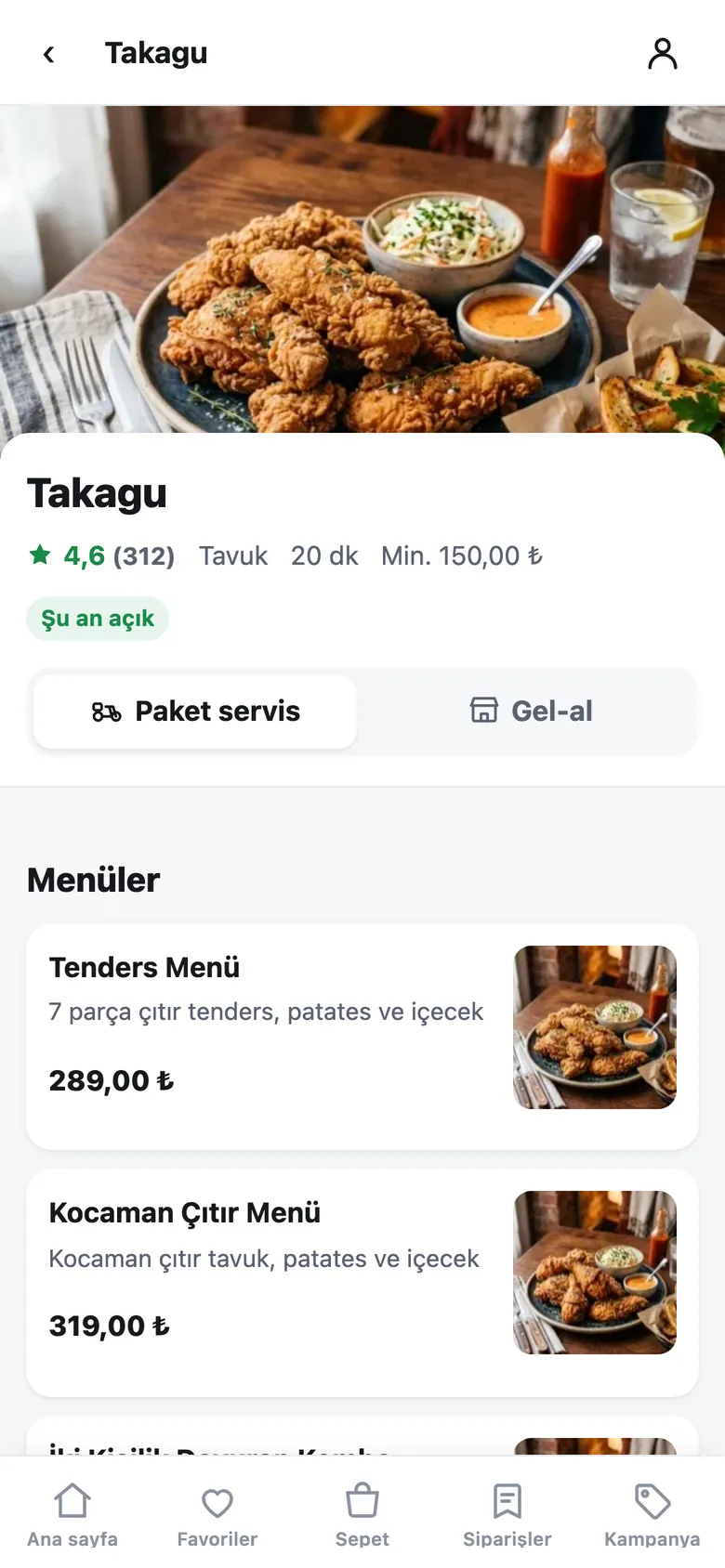 opaket'te Takagu restoran sayfası: puan, hazırlık süresi, minimum sepet, paket servis ve gel-al seçimi, menü