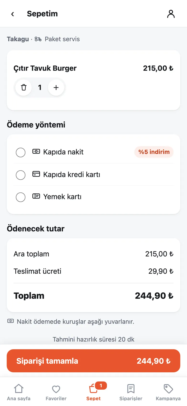 Sepet: ürün, ödeme yöntemi seçimi, ara toplam, teslimat ücreti ve Siparişi tamamla düğmesi