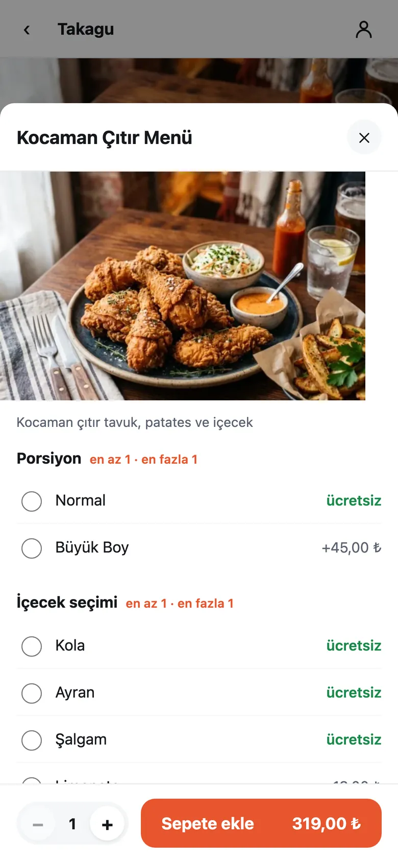 Ürün penceresi: Kocaman Çıtır Menü için porsiyon ve içecek seçimi, ek ücretler ve Sepete ekle düğmesi