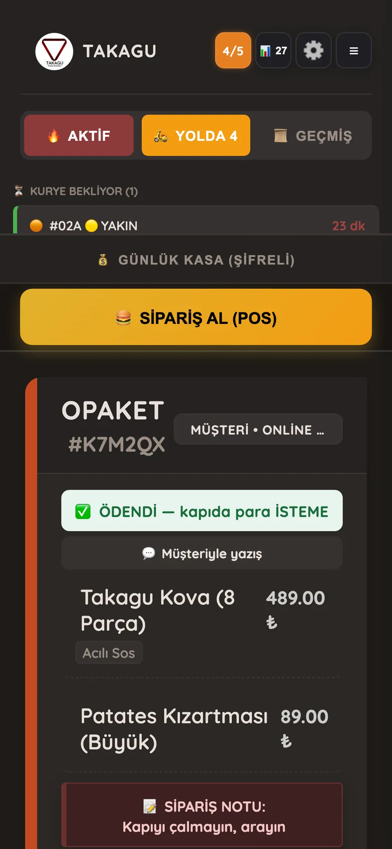 Panelin telefondaki görünümü: aktif siparişler, kurye bekleyen sipariş ve opaket siparişi